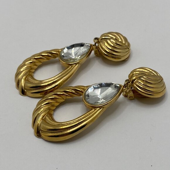 Vintage Gold Tone Dangling Earrings with Clear Stone - Picture 7 of 12